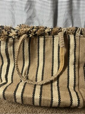 Woven Tan and Black Stripe Beach Tote